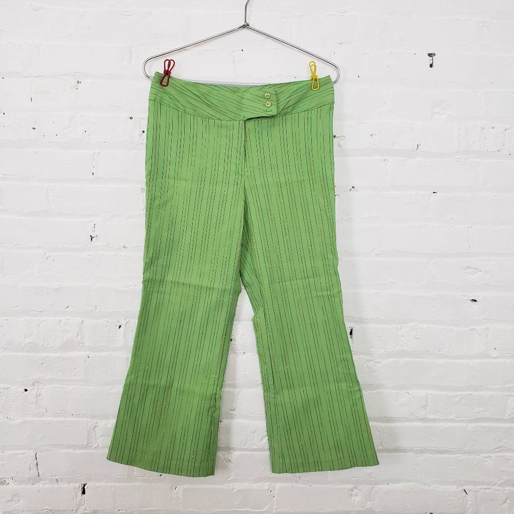 Fun Vintage Lime Green Rainbow Pin Stripe Stretch Kick Crop Pants